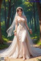 A woman in a wedding dress walking through a forest.