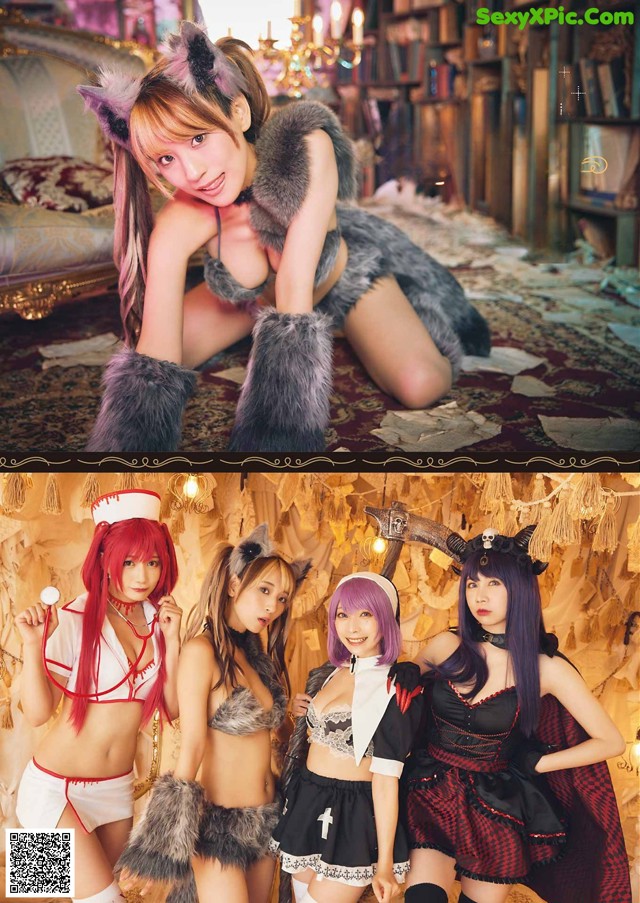 A group of women dressed in costumes posing for a picture.